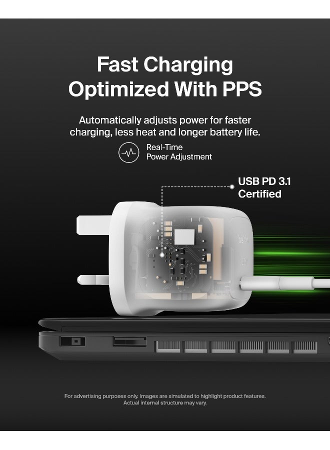 بيلكين شاحن حائط USB-C بقوة 65 واط من Belkin، مجموعة الشحن السريع، من نوع Type C - يتوافق مع Apple iPhone 16/15/14/13، وGalaxy S25، وGoogle Pixel 9، وMacBook، وiPad، وAirPods، Chromebook، والمزيد - أبيض - Image 5