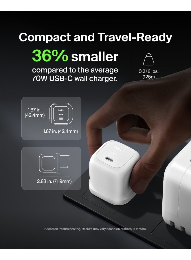 بيلكين شاحن حائط USB-C بقوة 65 واط من Belkin، مجموعة الشحن السريع، من نوع Type C - يتوافق مع Apple iPhone 16/15/14/13، وGalaxy S25، وGoogle Pixel 9، وMacBook، وiPad، وAirPods، Chromebook، والمزيد - أبيض - Image 3