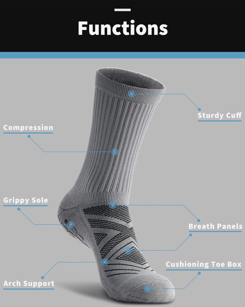 CWVLC Grip Socks Soccer - Cushioned Non-Slip Grippy for Men & Women Athletic - Barre Hospital Sticky Slipper Socks, Large, Grey, 2 Pairs - Image 4