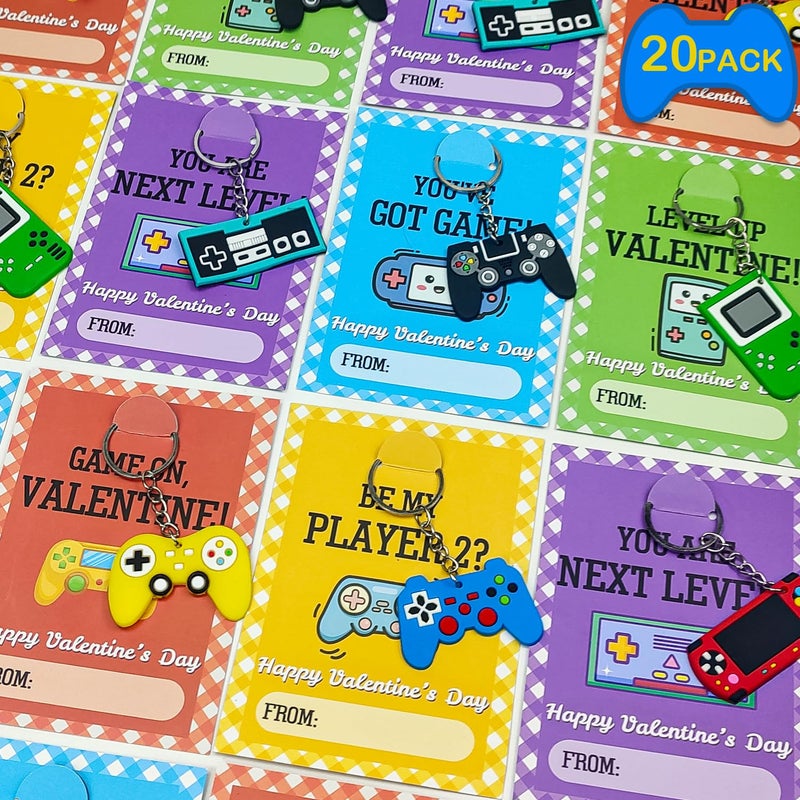 Leetous Valentines Day Cards Gifts for Kids School,20 Pack Video Game Keychain W/ Classroom Exchange Cards for Boys Girls,Valentine Non Candy Treats Goodie Bag Stuffers Party Favors Prizes for Toddlers - Image 1