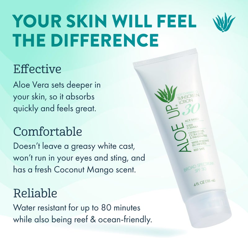 Aloe Up White Collection Sunscreen Lotion SPF 30 - Broad Spectrum UVA/UVB Sunblock for Face and Body - With Aloe Vera Gel - Alcohol-Free - Reef-Friendly - Coco-Mango Fragrance - 4 Oz - Image 2
