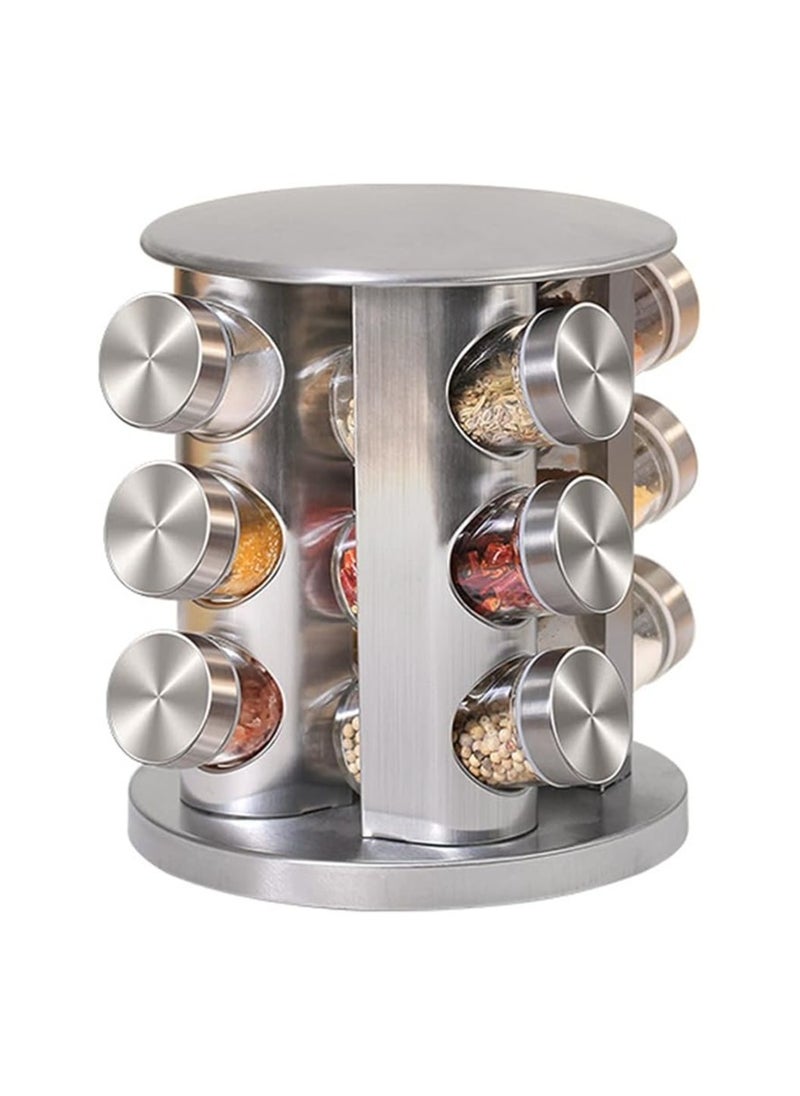 Generic Set of 12 stainless steel rotating spice jars with glass spice rack for kitchen  - Image 1