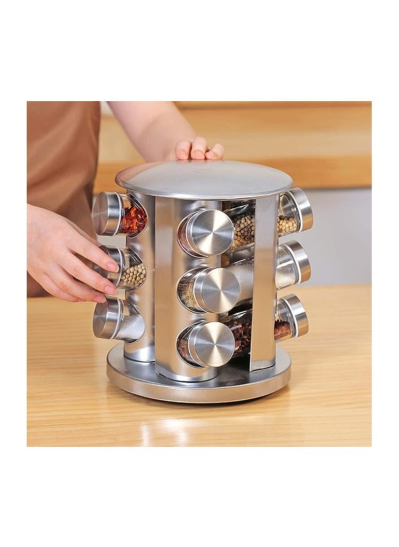 Generic Set of 12 stainless steel rotating spice jars with glass spice rack for kitchen  - Image 2