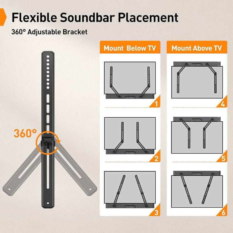 Perlegear Soundbar Mount with Adjustable Height, Soundbar Mounting Bracket Under or Above TV up to 15 lbs Soundbar with Detachable Long Extension Plates, Sound bar Mount Fit Max VESA 600x400mm PGSM04B - Image 5