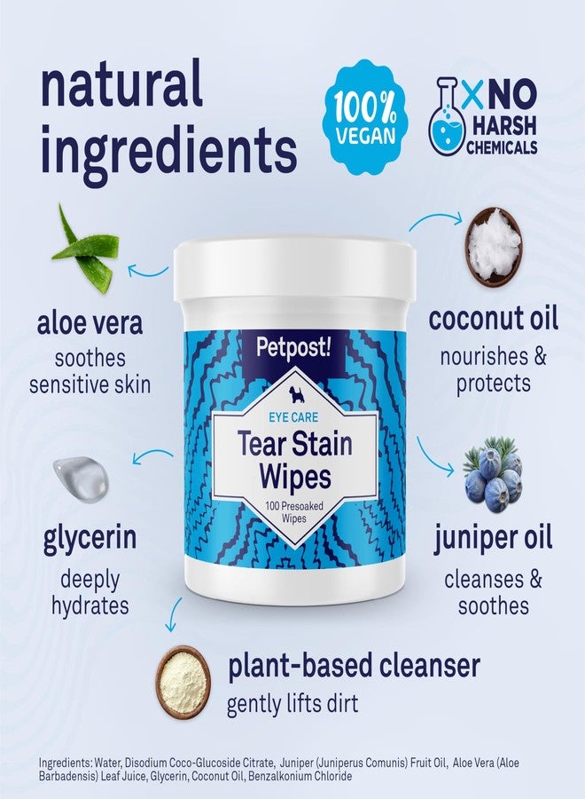 Petpost Tear Stain Remover Wipes for Dogs | 100 Count Gentle Eye Wipes with Juniper Berry & Coconut | Dog Face Wipes for Tear Stains & Eye Discharge | Soft Cotton Pads, Bleach Free - Image 3