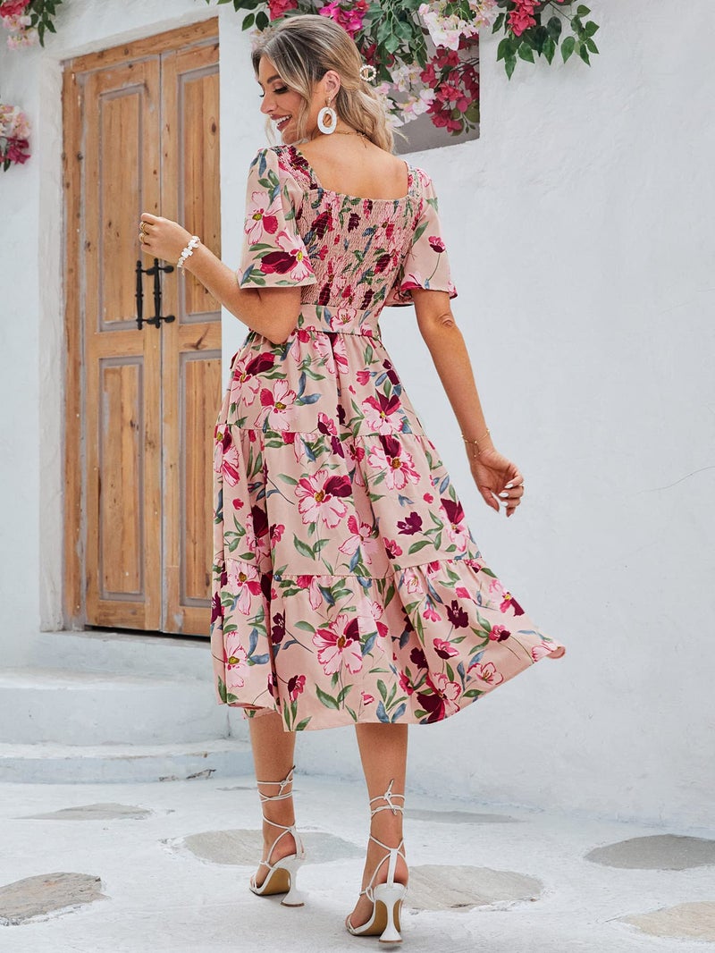Amegoya Women's Flowy Summer Boho Floral Midi Dress Casual Square Neck Smocked Cottagecore Dress (Pink Floral S) - Image 4