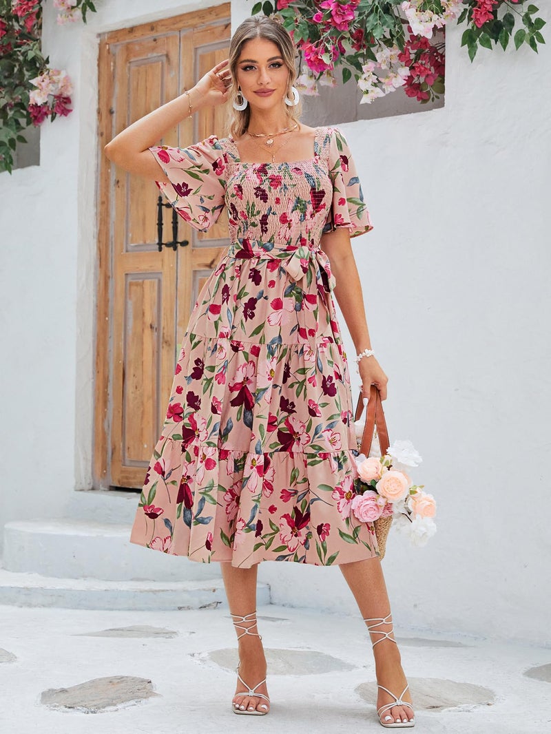 Amegoya Women's Flowy Summer Boho Floral Midi Dress Casual Square Neck Smocked Cottagecore Dress (Pink Floral S) - Image 2