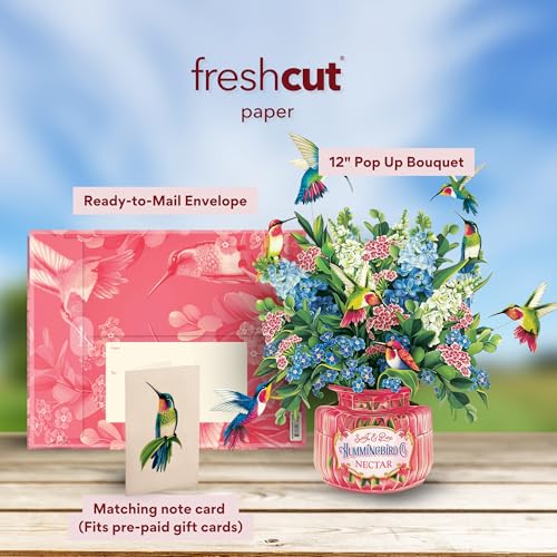 Freshcut Paper Pop Up Cards, Hummingbird Oasis, 12 Inch Life Sized Forever Flower Bouquet 3D Popup Greeting Card, Birthday Cards, Thank You Card, Blank Notecard & Envelope - Image 2