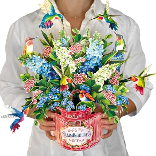 Freshcut Paper Pop Up Cards, Hummingbird Oasis, 12 Inch Life Sized Forever Flower Bouquet 3D Popup Greeting Card, Birthday Cards, Thank You Card, Blank Notecard & Envelope - Image 1