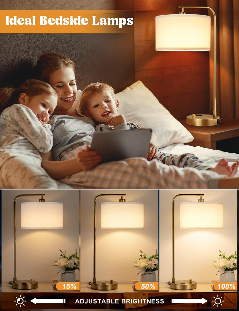 Innqoo Gold Table Lamp with USB Port and Outlet, Dimmable Nightstand Bedside Lamps with Linen Lampshade, Desk Lamp for Bedroom, Living Room, Guest Room, Home Office, LED Bulb Included - Image 3