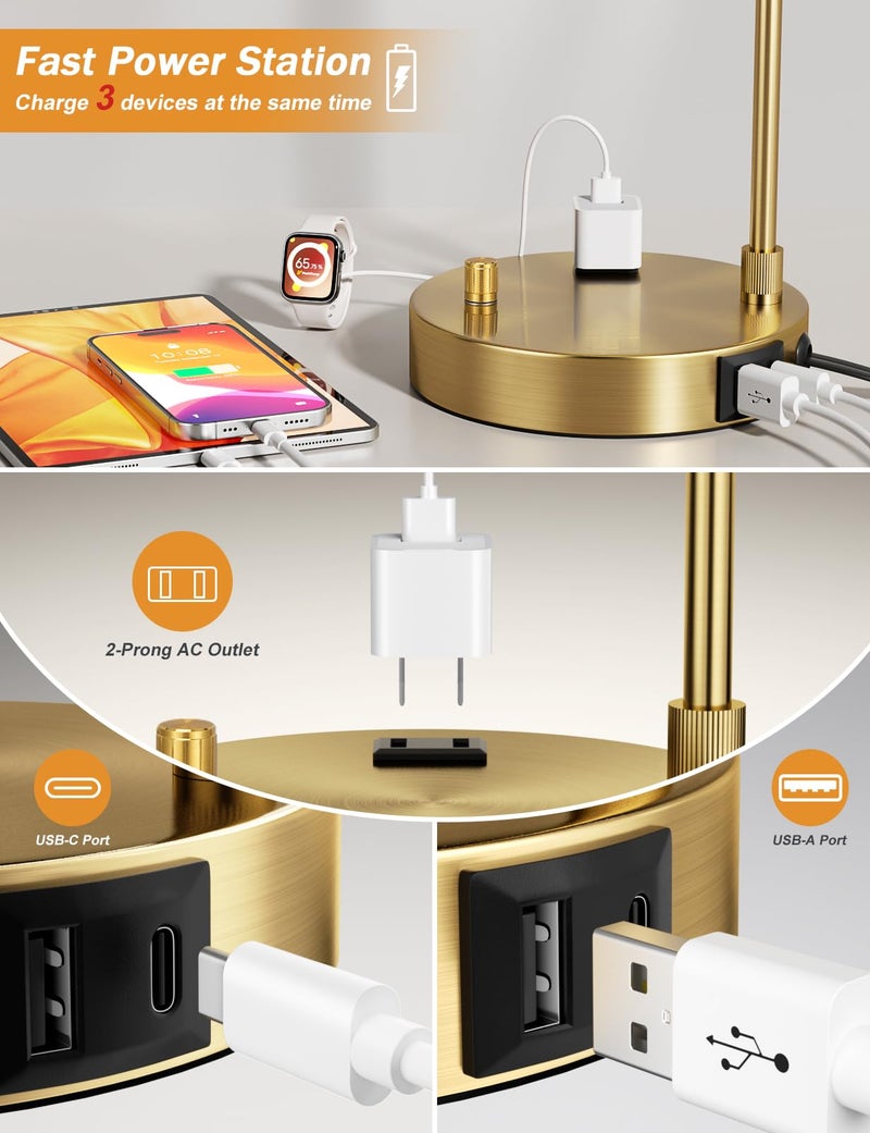 Innqoo Gold Table Lamp with USB Port and Outlet, Dimmable Nightstand Bedside Lamps with Linen Lampshade, Desk Lamp for Bedroom, Living Room, Guest Room, Home Office, LED Bulb Included - Image 2