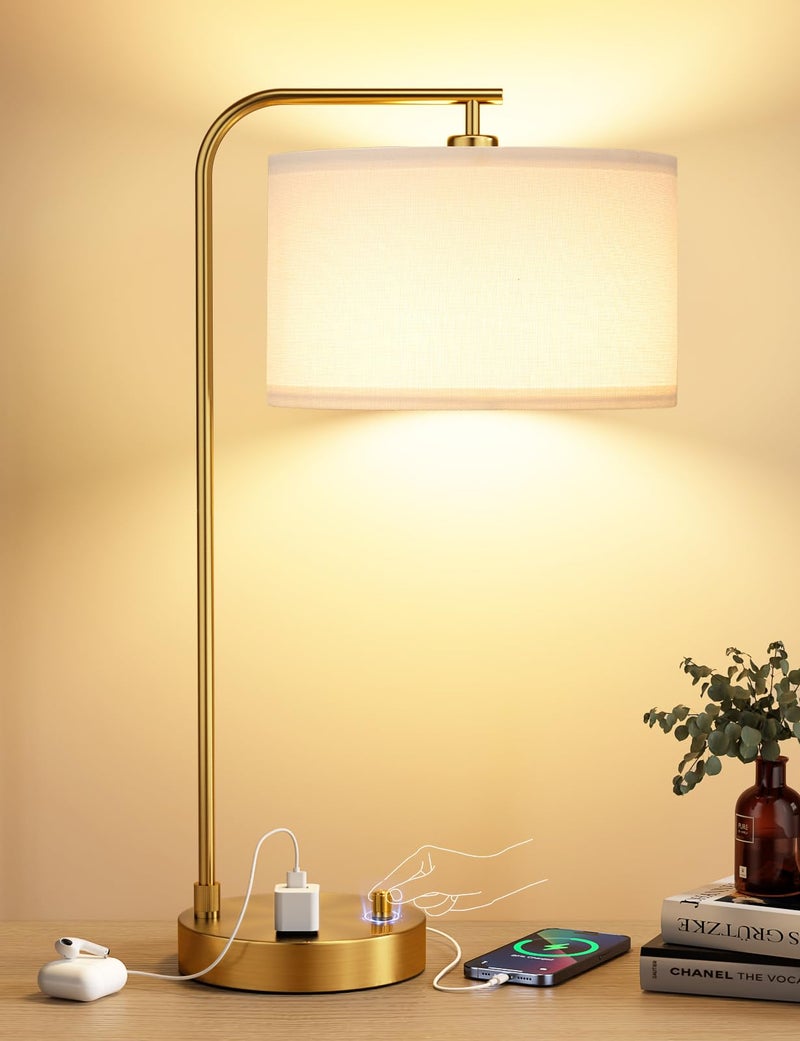 Innqoo Gold Table Lamp with USB Port and Outlet, Dimmable Nightstand Bedside Lamps with Linen Lampshade, Desk Lamp for Bedroom, Living Room, Guest Room, Home Office, LED Bulb Included - Image 1