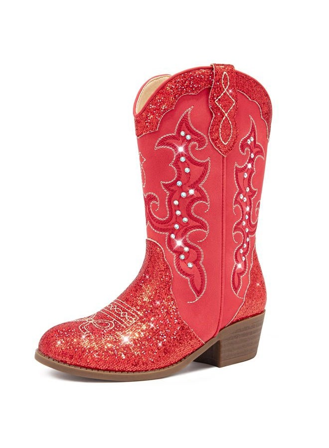 LAURMOSA Girls Cowboy Boots Cowgirl Western Boot for Kids Rhinestone Sparkly Toddler Dress Boots Ponited Toe Mid Calf Birthday Party for Little Big Kid, Red, 2 Big Kid - Image 1