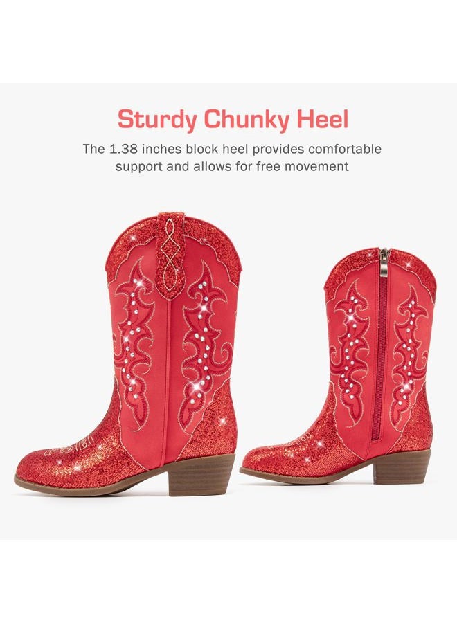 LAURMOSA Girls Cowboy Boots Cowgirl Western Boot for Kids Rhinestone Sparkly Toddler Dress Boots Ponited Toe Mid Calf Birthday Party for Little Big Kid, Red, 2 Big Kid - Image 5
