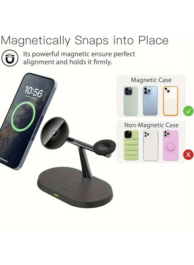 شاحن لاسلكي مغناطيسي 3 في 1 أسود حامل لـ iPhone 16 15 14 13 12 و AirPods - Image 4