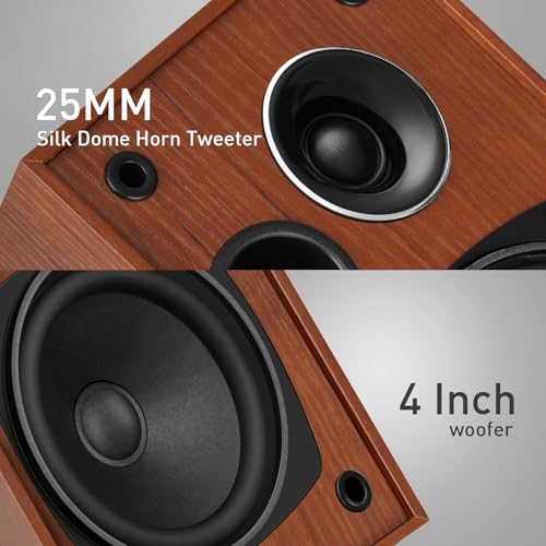Elimavi Passive Bookshelf Speakers, 2-Way Design with 4" Woofer & 1" Silk Horn Tweeter, 60Hz Bass, Ideal for Home, Office & Theater, Brown (Requires Amplifier or Receiver to Operate) - Image 4