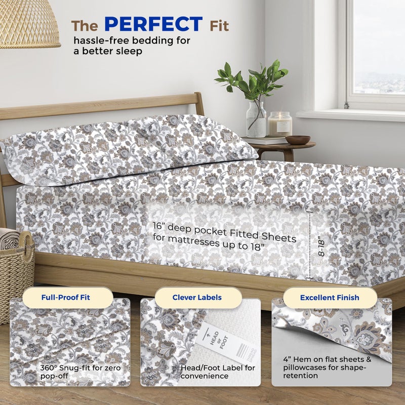 THREAD SPREAD 100% Egyptian Cotton Printed Bed Sheets - 600 Thread Count 3 PC Twin Sheet Set  Hotel Luxury Sateen Bedsheets  16"" Deep Pocket Soft Cooling Sheets for Twin Size Bed - Floral Ivory - Image 5