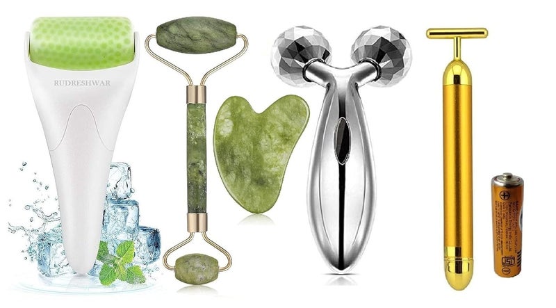 RUDRESHWAR Face Massager Jade Roller  Gua Sha Tool 100 Natural Stone3D Manual Body Massager RollerT Shape Gold Energy Beauty Bar Vibration Facial Massager Ice Roller Face MassagerMulti Color - Image 1