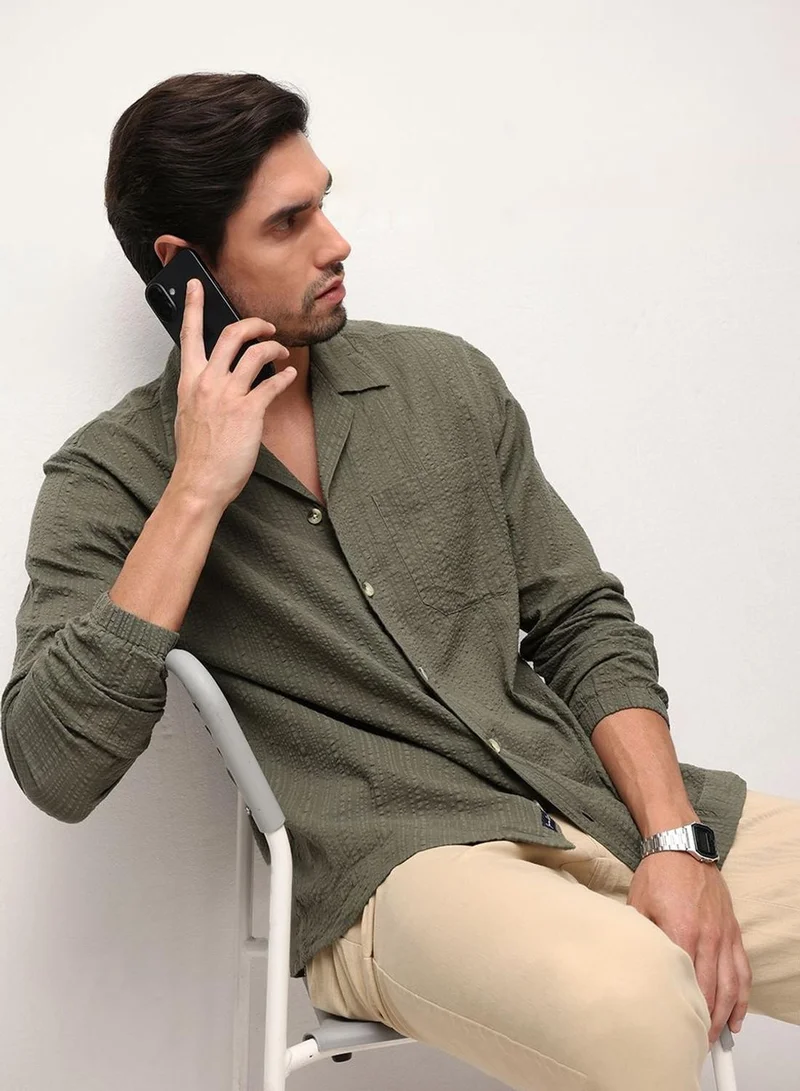Dennis Lingo  Men Olive 100% Cotton Solid Button Down Relaxed Shirt for Men | Best Price UAE