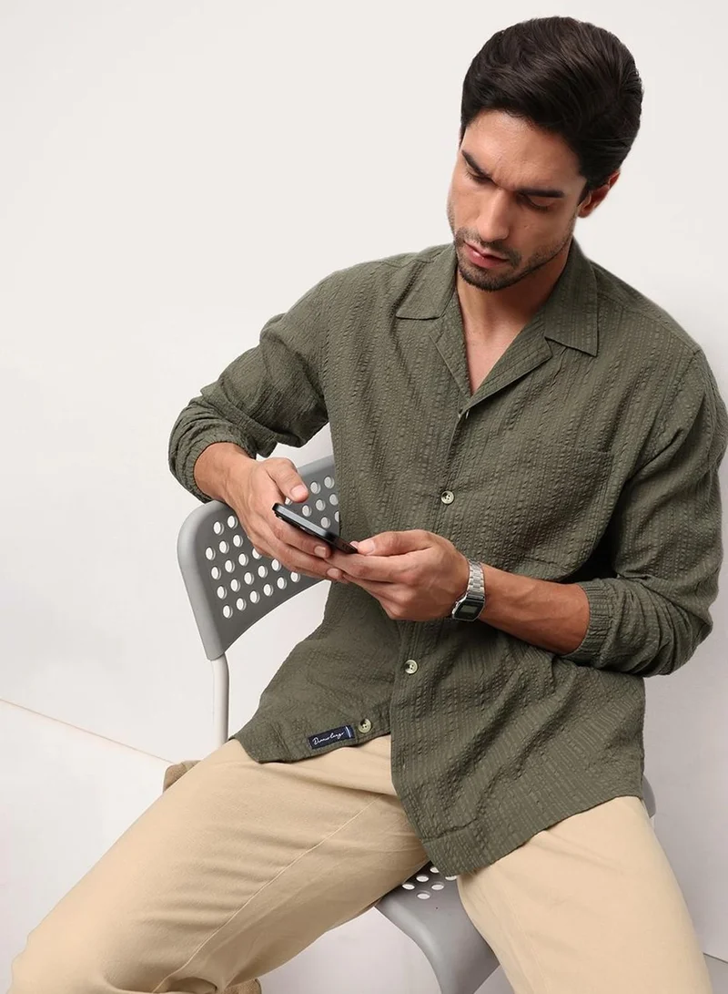 دينيس لينغو Men Olive 100% Cotton Solid Button Down Relaxed Shirt