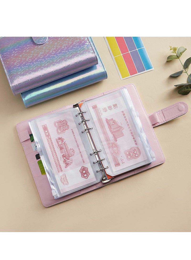 A6 Laser Dazzling Flipbook Budget Flipbook Binder 6 Ring Leather Notebook Flipbook Binder Cover, Cash Budget System with Transparent Zipper Pocket Colorful Label - Image 3