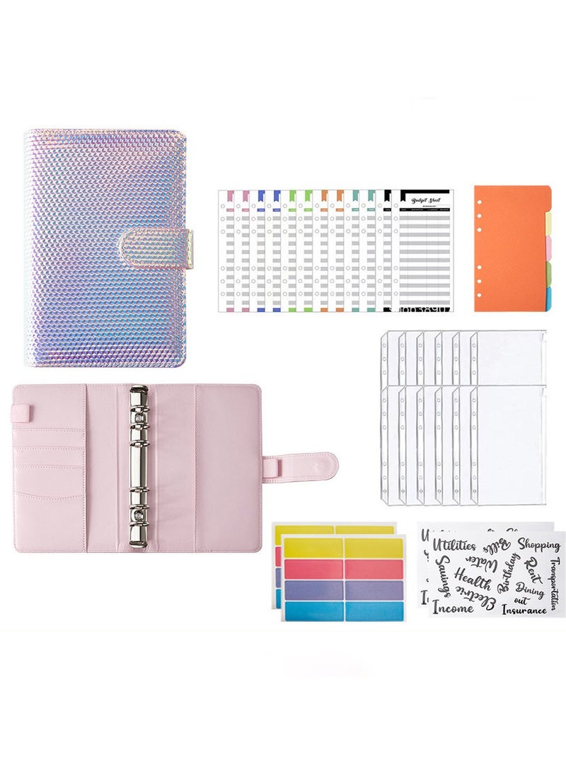 A6 Laser Dazzling Flipbook Budget Flipbook Binder 6 Ring Leather Notebook Flipbook Binder Cover, Cash Budget System with Transparent Zipper Pocket Colorful Label - Image 1