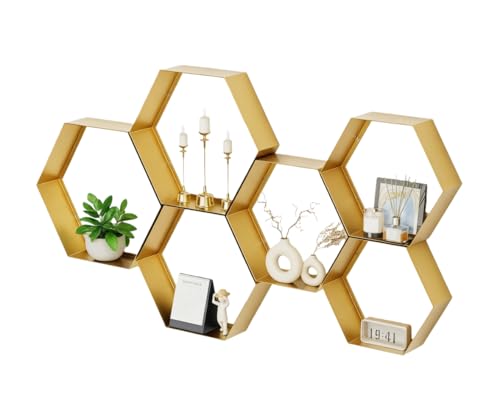 Gonice Hexagon Floating Shelves Set of 6, Gold Metal Wall Mounted Shelves for Home Decor, Honeycomb Display Shelf for Living Room, Bedroom and Office - Image 1