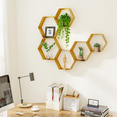 Gonice Hexagon Floating Shelves Set of 6, Gold Metal Wall Mounted Shelves for Home Decor, Honeycomb Display Shelf for Living Room, Bedroom and Office - Image 3