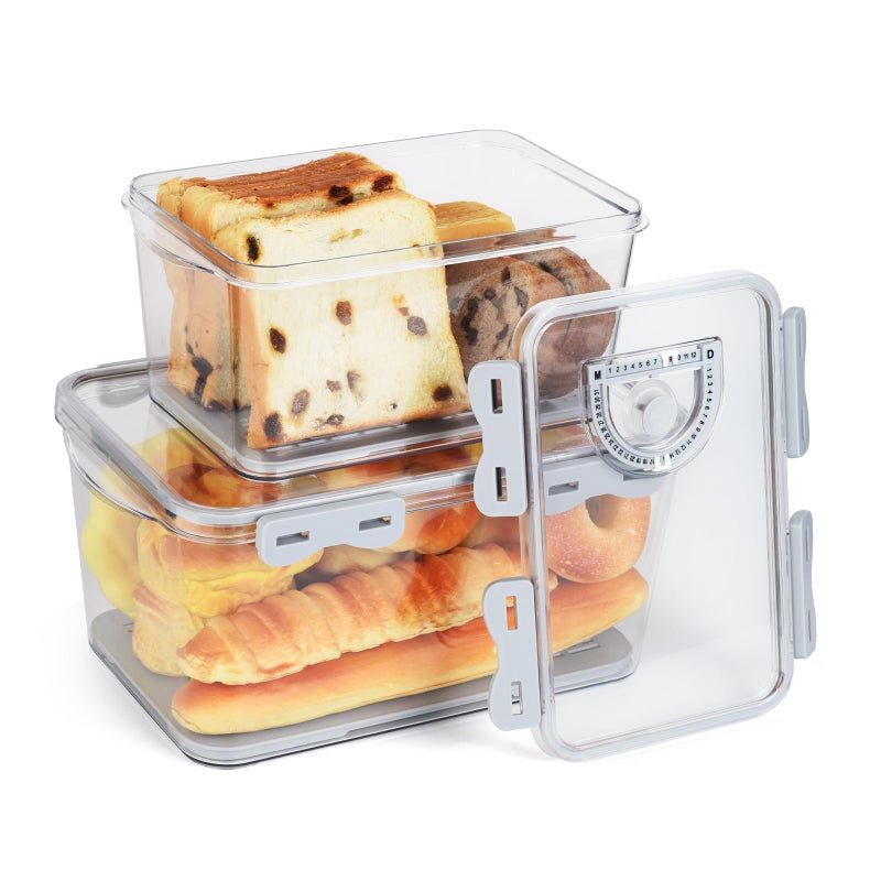 OTraki Bread Storage Container 2 Pcs Bread Boxs for Kitchen Counter Bread Saver Container Airtight Homemade Bread Loaf Storage Time Recording for Fresh Bread, Toast and Cookies, Grey - Image 1