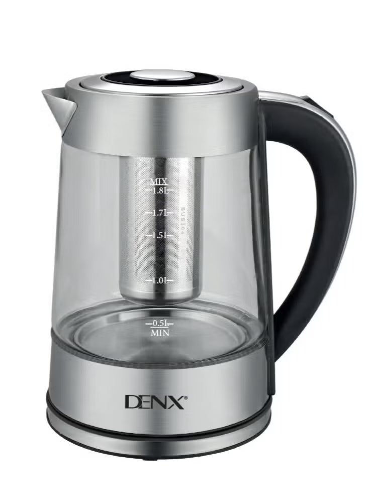 Denx 1.8L 1500W Glass Electric Kettle with Ocean Blue LED Light, Fast Boil Auto Shut-Off, Boil Dry Protection, Cordless 360° Base, Model DX3408 - Image 1