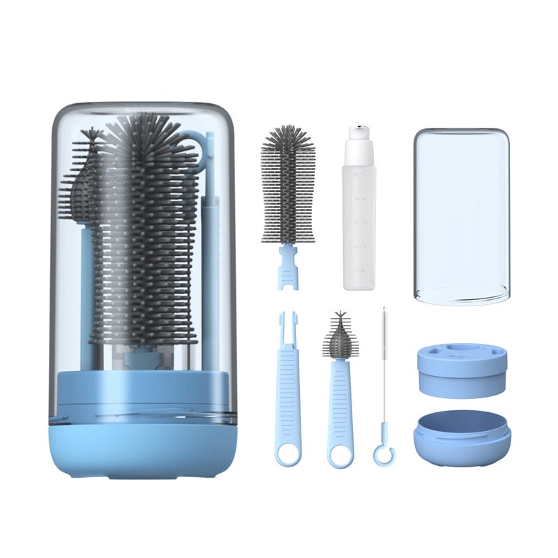 YOTIME Baby Bottle Brush Travel Bottle Cleaner Kit with Extendable Silicone Bottle Brush Nipple Cleaner Brush Straw Brush Soap Dispenser Dust Cap and Stand Blue