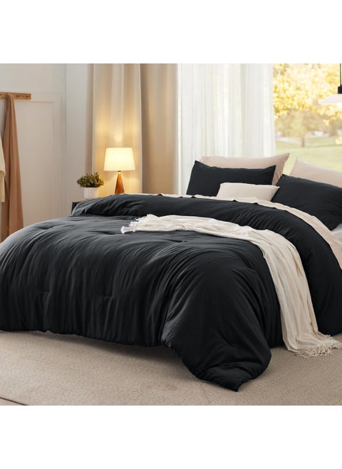Bedsure Queen Size Comforter Set  Black Soft Prewashed Bed Comforter for All Seasons  3 Pieces Warm Bedding Sets  1 Lightweight Comforter (90""x90"") and 2 Pillowcases (20""x26"")