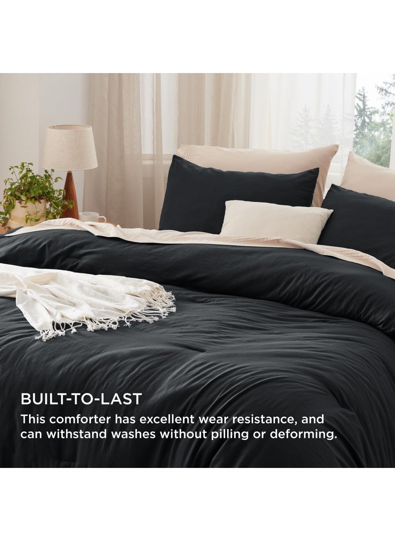 Bedsure Queen Size Comforter Set  Black Soft Prewashed Bed Comforter for All Seasons  3 Pieces Warm Bedding Sets  1 Lightweight Comforter (90""x90"") and 2 Pillowcases (20""x26"")