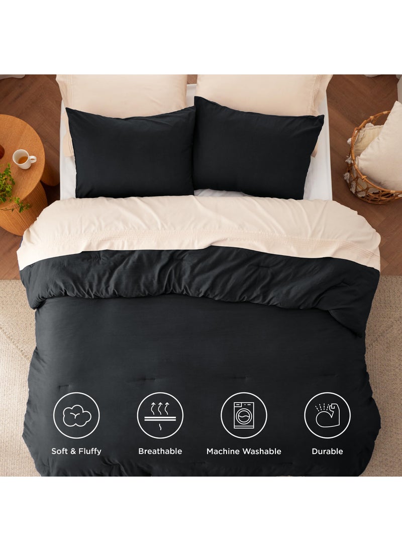 Bedsure Queen Size Comforter Set  Black Soft Prewashed Bed Comforter for All Seasons  3 Pieces Warm Bedding Sets  1 Lightweight Comforter (90""x90"") and 2 Pillowcases (20""x26"")