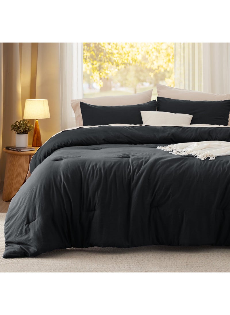 Bedsure Queen Size Comforter Set  Black Soft Prewashed Bed Comforter for All Seasons  3 Pieces Warm Bedding Sets  1 Lightweight Comforter (90""x90"") and 2 Pillowcases (20""x26"")