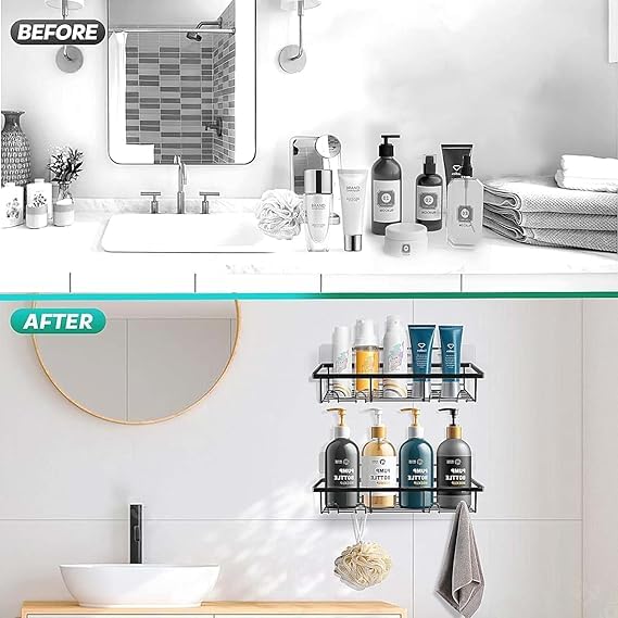 CHALISA Bathroom Rack - Bathroom Shelves - Kitchen Storage - Multipurpose Rack Shampoo Holder with 4 Hook - Adhesive Shower Caddy Metal Shelf Without Drilling (Black) - Image 5