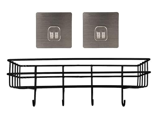 CHALISA Bathroom Rack - Bathroom Shelves - Kitchen Storage - Multipurpose Rack Shampoo Holder with 4 Hook - Adhesive Shower Caddy Metal Shelf Without Drilling (Black) - Image 1