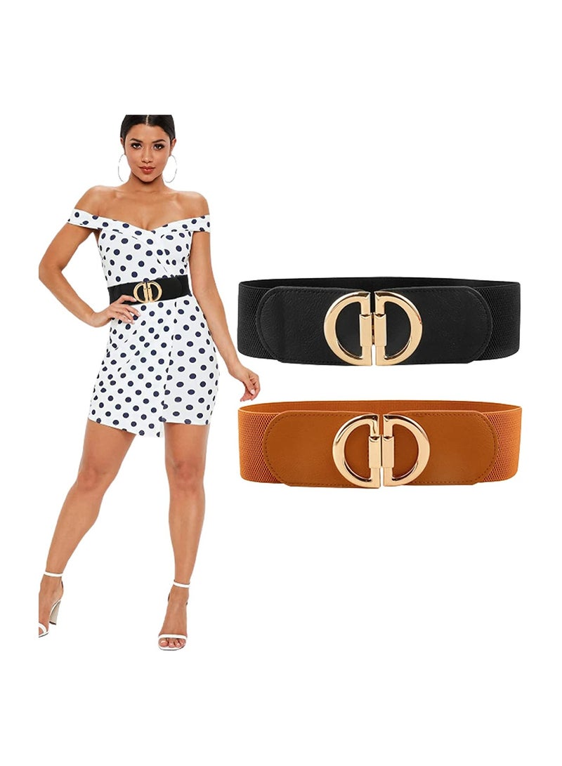 Women's Retro Stretch D-Shaped Buckle Wide Belt, 2pcs Fashionable PU Leather Elastic Belt for Dresses, Jeans, Jumpsuits, and Coats, Casual Wide Waistband for Everyday Wear - Image 1