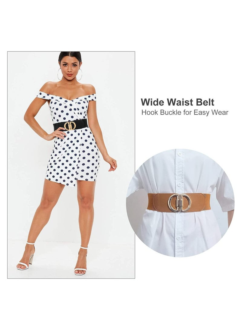 Women's Retro Stretch D-Shaped Buckle Wide Belt, 2pcs Fashionable PU Leather Elastic Belt for Dresses, Jeans, Jumpsuits, and Coats, Casual Wide Waistband for Everyday Wear - Image 2