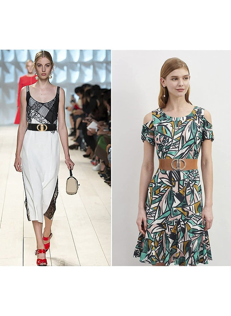 Women's Retro Stretch D-Shaped Buckle Wide Belt, 2pcs Fashionable PU Leather Elastic Belt for Dresses, Jeans, Jumpsuits, and Coats, Casual Wide Waistband for Everyday Wear - Image 4