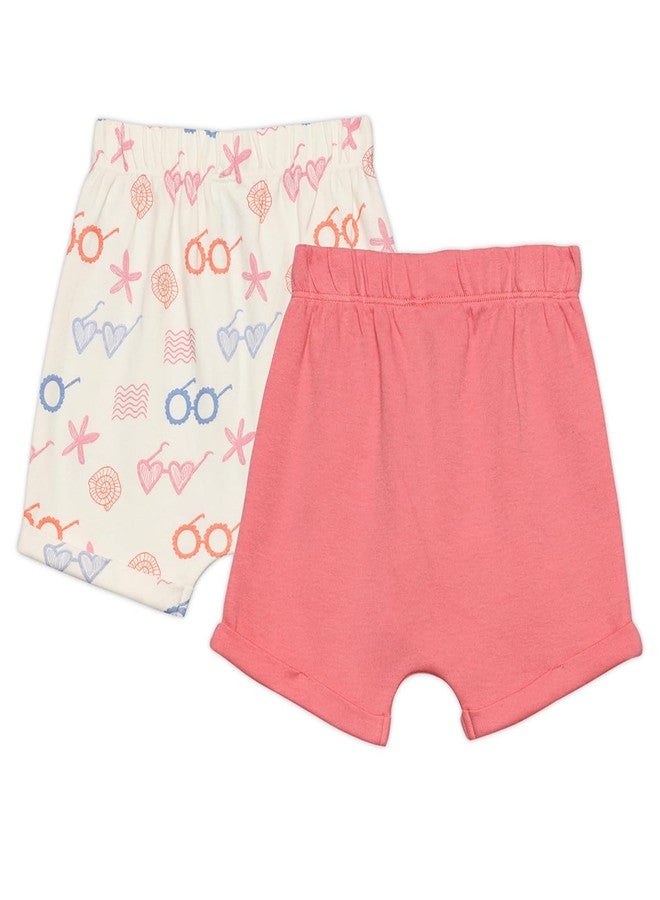 miniklub Cotton Solid & Sea Life Printed Shorts,Pack of 2, Pink & White(9-12M) - Image 1
