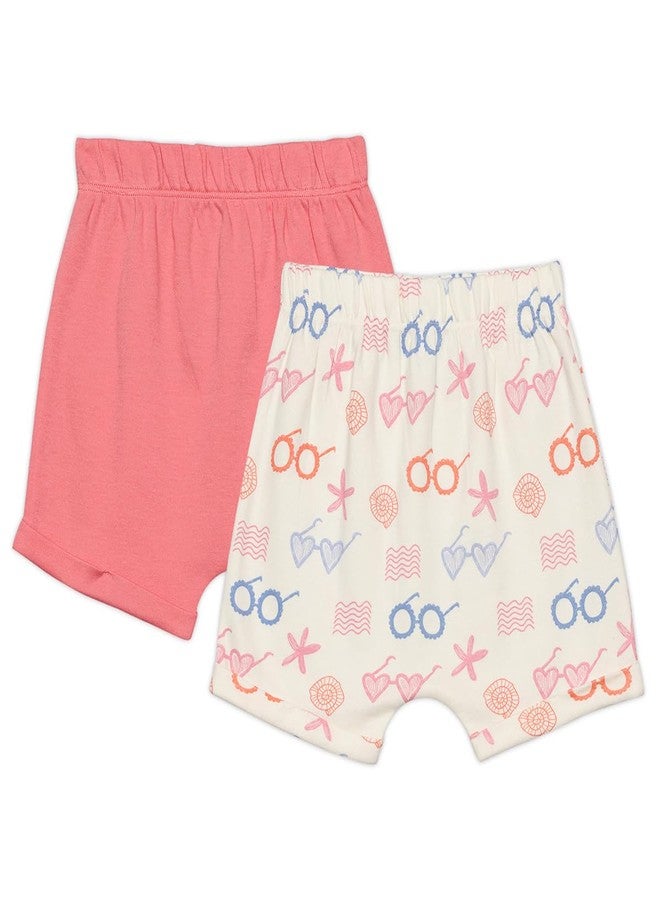 miniklub Cotton Solid & Sea Life Printed Shorts,Pack of 2, Pink & White(9-12M) - Image 2
