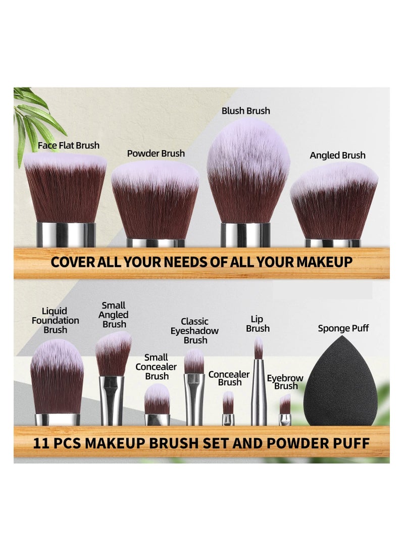 BS Mall 11PCS Makeup Brush Set Bamboo Brush Set, Foundation Powder Blending Concealer Eye Shadows Blush Cosmetics Brushes, With Organizer Bag & Makeup Sponge (Bamboocolor) - Image 2