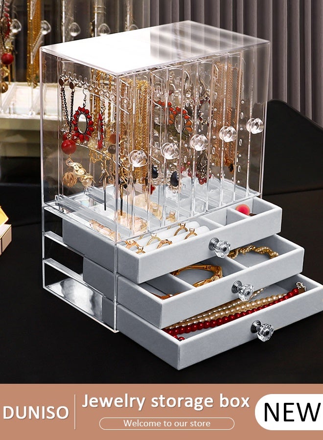 DUNISO صندوق مجوهرات أكريليك، منظم مجوهرات شفاف، مع 4 أدراج و 2 حامل أقراط، علبة عرض مجوهرات مخملية مضادة للغبار، لتخزين الأساور والقلائد والخواتم، لتخزين وعرض المجوهرات كهدية - Image 1