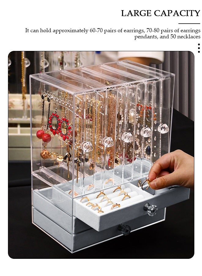 DUNISO صندوق مجوهرات أكريليك، منظم مجوهرات شفاف، مع 4 أدراج و 2 حامل أقراط، علبة عرض مجوهرات مخملية مضادة للغبار، لتخزين الأساور والقلائد والخواتم، لتخزين وعرض المجوهرات كهدية - Image 3