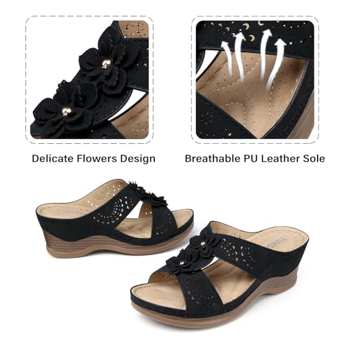 TEMOFON Womens Wedge Sandals Leather: Casual Dressy Women Black Summer Platform Wedge Sandals Slip on Low Heels Comfortable Walking Size 8 - Image 4