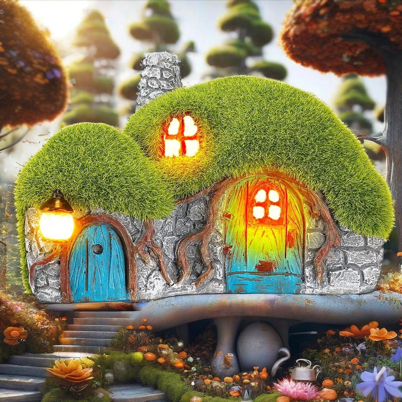 Darkdec Outdoor Figurine Lights Garden House Statue - Outdoor Statues with Solar Lights Garden Cottage Lighting Figurines for Home or Yard Decor - Image 1