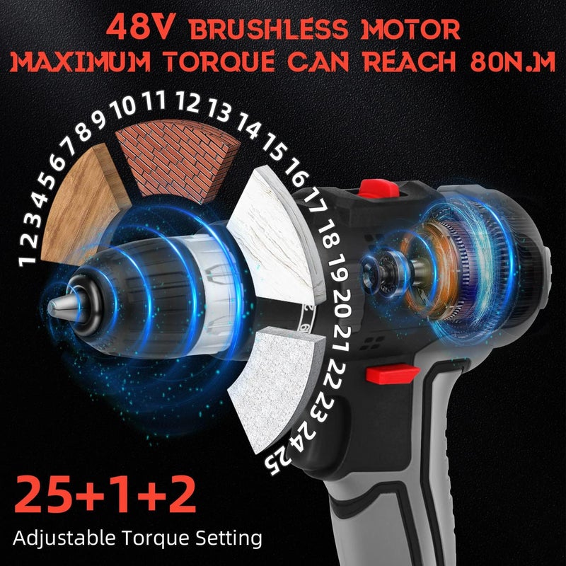 أكلو مثقاب لاسلكي 48 فولت، 33 قطعة، بطارية ليثيوم أيون 2000 مللي أمبير/ساعة، مثقاب كهربائي، طقم ملحقات آلة الحفر والمثقاب الكهربائي اللاسلكي، ضوء عمل LED وشاشة، مناسب للخشب والبلاستيك - Image 2