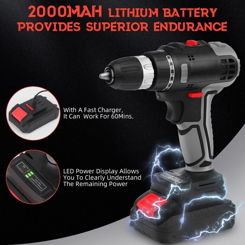 أكلو مثقاب لاسلكي 48 فولت، 33 قطعة، بطارية ليثيوم أيون 2000 مللي أمبير/ساعة، مثقاب كهربائي، طقم ملحقات آلة الحفر والمثقاب الكهربائي اللاسلكي، ضوء عمل LED وشاشة، مناسب للخشب والبلاستيك - Image 3