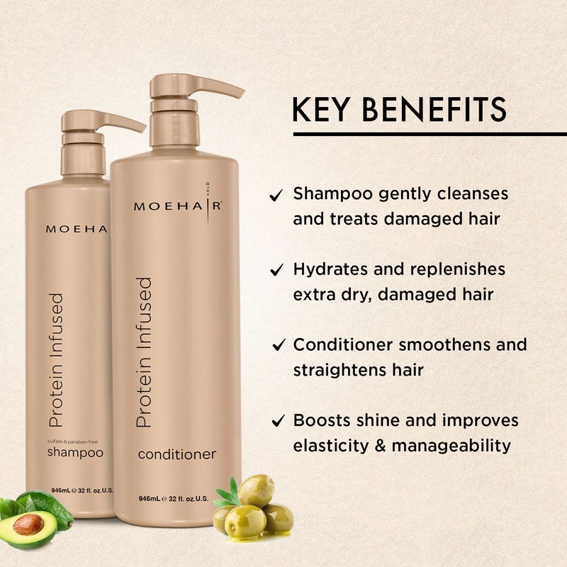 MoeHair مجموعة شامبو وبلسم موهير المعززة بالبروتين للشعر الجاف والتالف | تقوي ألياف الشعر | خالية من الكبريتات والبارابين | تضيف لمعانًا، وتنعيمًا وترطيبًا للشعر (32 أونصة سائلة) - Image 4